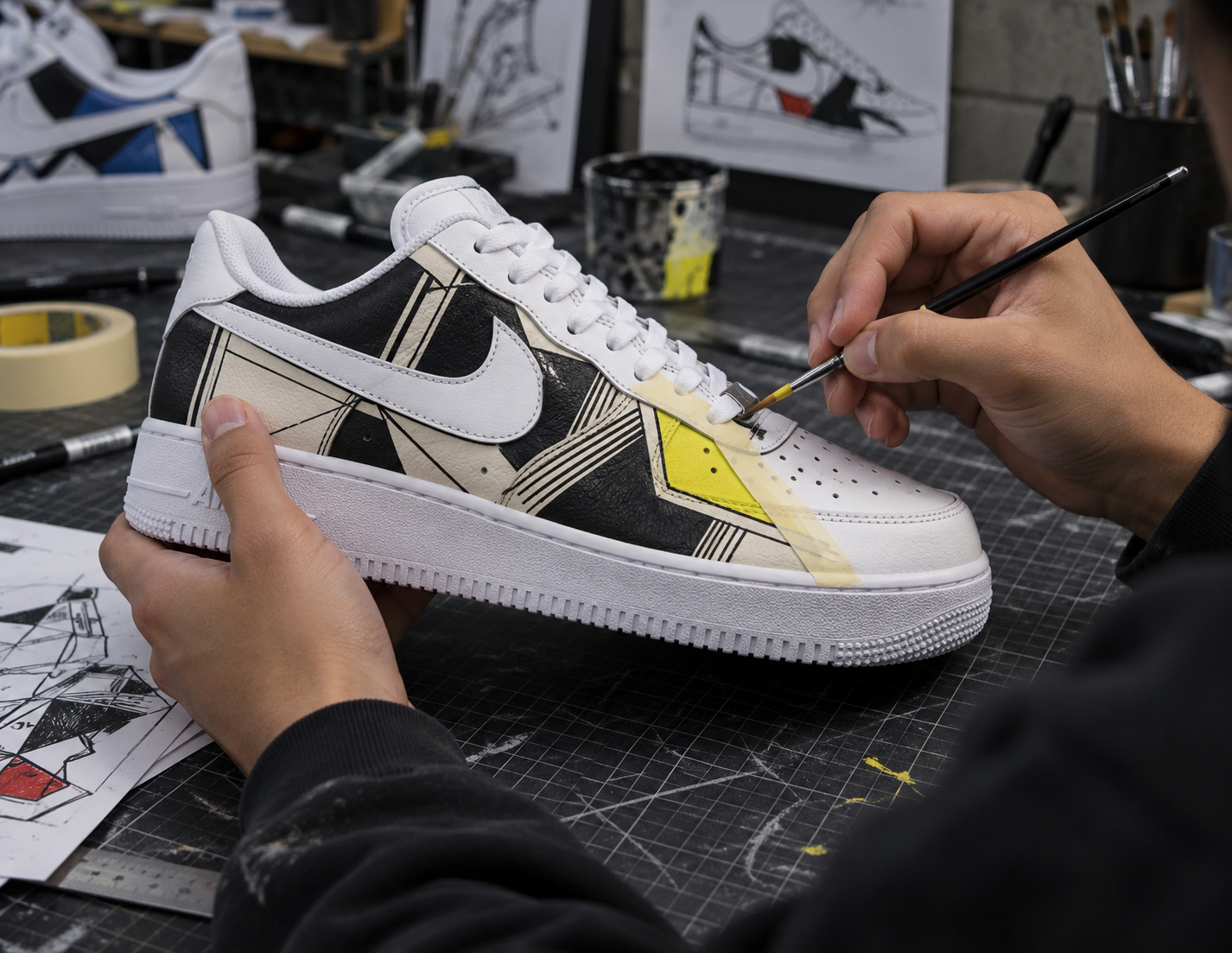 Hands painting bold yellow, blue and red shapes onto a white sneaker